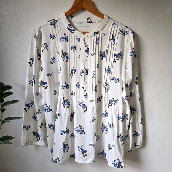 NWOT LAND'S END FLORAL SUPER SOFT LONGSLEEVES PLEATED HALF BUTTONED TOP M - Picture 1 of 16